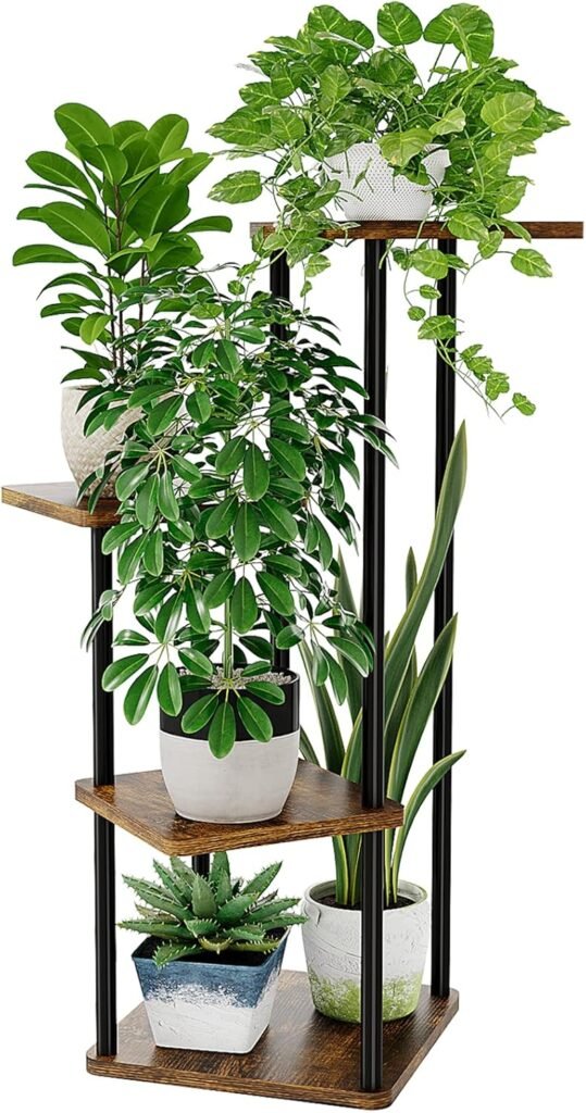 Plantenrek 4 niveaus van zwart metaal met houten planken, hoekmodel voor kamerplanten geschikt voor binnen en buiten zoals balkon, tuin en woonkamer