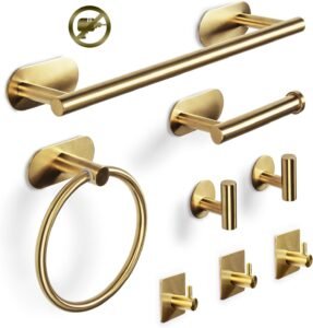 Handdoekrek Set 8-delig – Badkameraccessoires met Handdoekrail en Toiletpapierhouder – Wandgemonteerd Zelfklevend – Gouden Afwerking met 5 Haken en Handdoekring