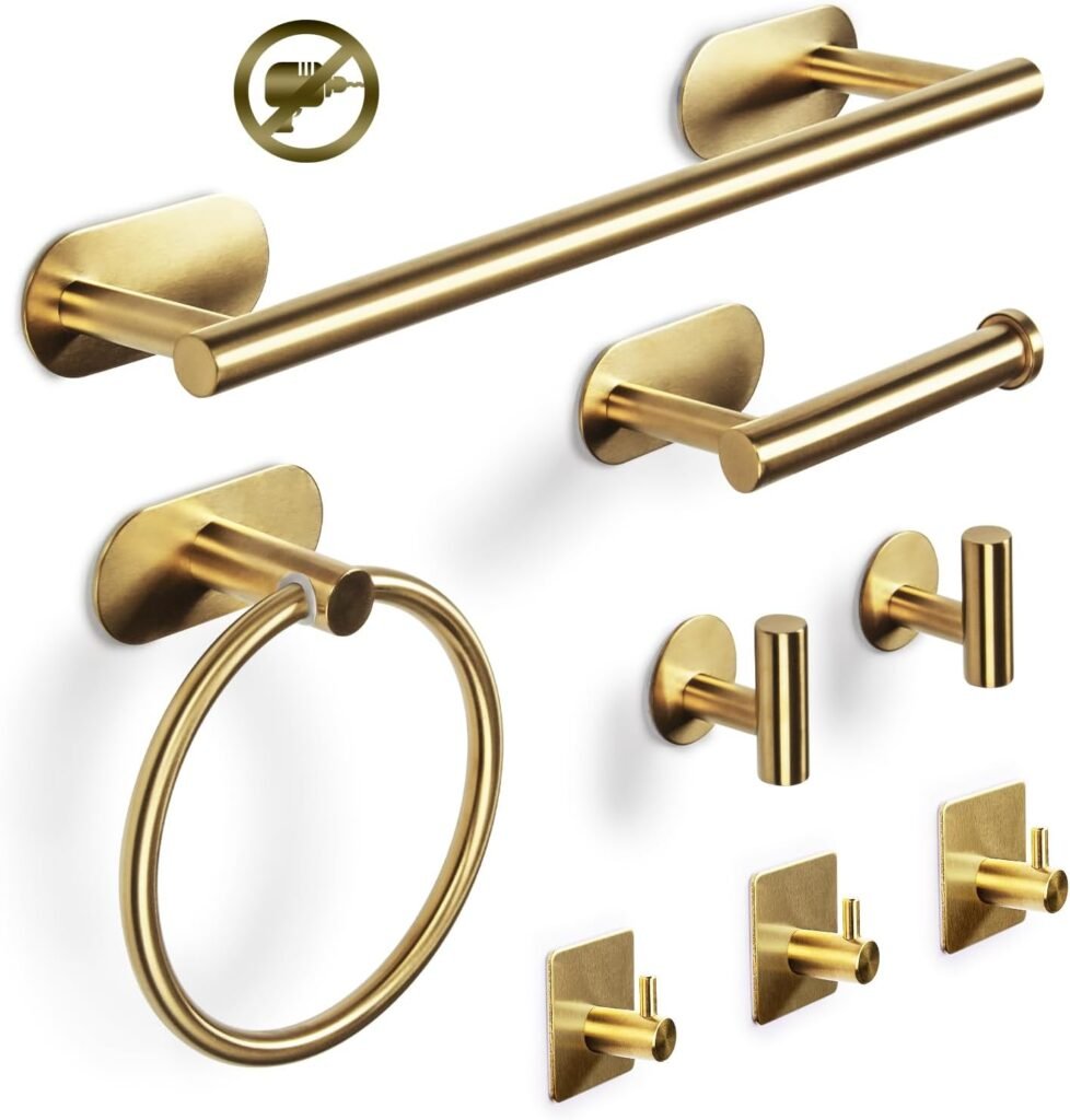 Gouden handdoekrek set 8-delig met handdoekrail, handdoekring, toiletpapierhouder en 5 haken voor badkamer wandmontage en zelfklevende bevestiging