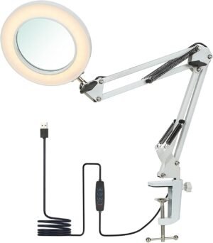 vergrootlamp bureau 8x 105mm glaslens 3 lichtkleuren dimbaar met klem draaibare arm leeslamp werkverlichting