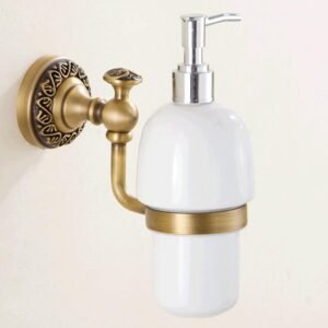 Zeepdispenser met wandhouder – Retro glazen zeeppompje – Koperkleurige vintage badkameraccessoire – Wandmontage badkamer en keuken