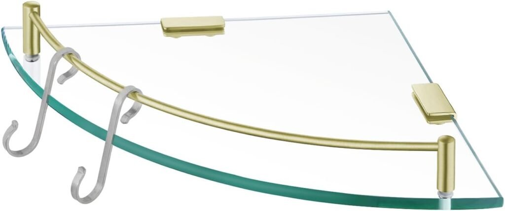 Alt tekst: Glazen hoekplank badkamer geborsteld goud 7mm gehard glas muurbevestiging douche organizer