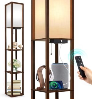 Dimbare staande LED vloerlamp met plank en lampenkap, afstandsbediening, 4 lichtkleuren en timerfunctie voor woonkamer slaapkamer en kantoor in mat zwart