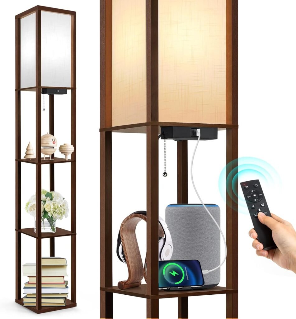 Dimbare staande LED vloerlamp met plank en lampenkap, afstandsbediening, 4 lichtkleuren en timerfunctie voor woonkamer slaapkamer en kantoor in mat zwart