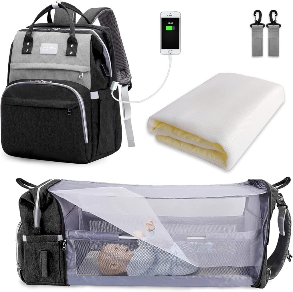 Luiertas rugzak met grote capaciteit en opvouwbaar babybed als draagbare reisverzorgingstas in zwart en grijs voor onderweg met babyaccessoires