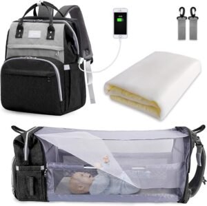 Luiertas rugzak met grote capaciteit en opvouwbaar babybed als draagbare reisverzorgingstas in zwart en grijs voor onderweg met babyaccessoires