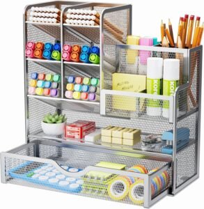 Bureau organizer met lade – Mesh pennenhouder kantooropslag – Bureau accessoires thuiswerk kantoor – Zilver
