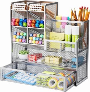 Mesh bureau organizer met lade – metalen pennenhouder en kantooropberger voor bureau accessoires en thuiswerk – zilver opslag systeem