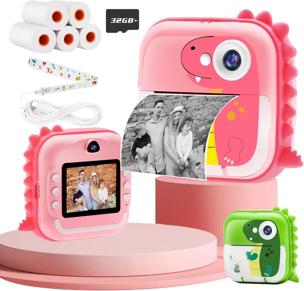 Kindercamera met instant printfunctie voor kinderen, 12MP HD foto's, 1080P video, inclusief 32GB SD-kaart en fotopapierrollen