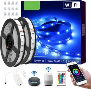 Slimme LED strip 10m RGB – Wifi app bediening dimbaar afstandsbediening – 2x5m zelfklevend 300 LEDs Alexa Google Home