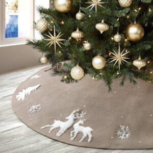 Kerstboom rok 36 inch beige – Gebreide kerstboom skirt decoratie – 3D elanden en sneeuwvlokken patroon – Kerstboom basis bedekking