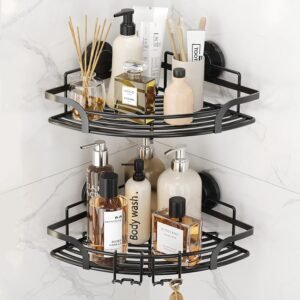 Hoek doucheplanken set 2 – Douche organizer met zuignappen en haken – muurrek – Roestvrij staal, zonder boren, verwijderbaar – Zwart