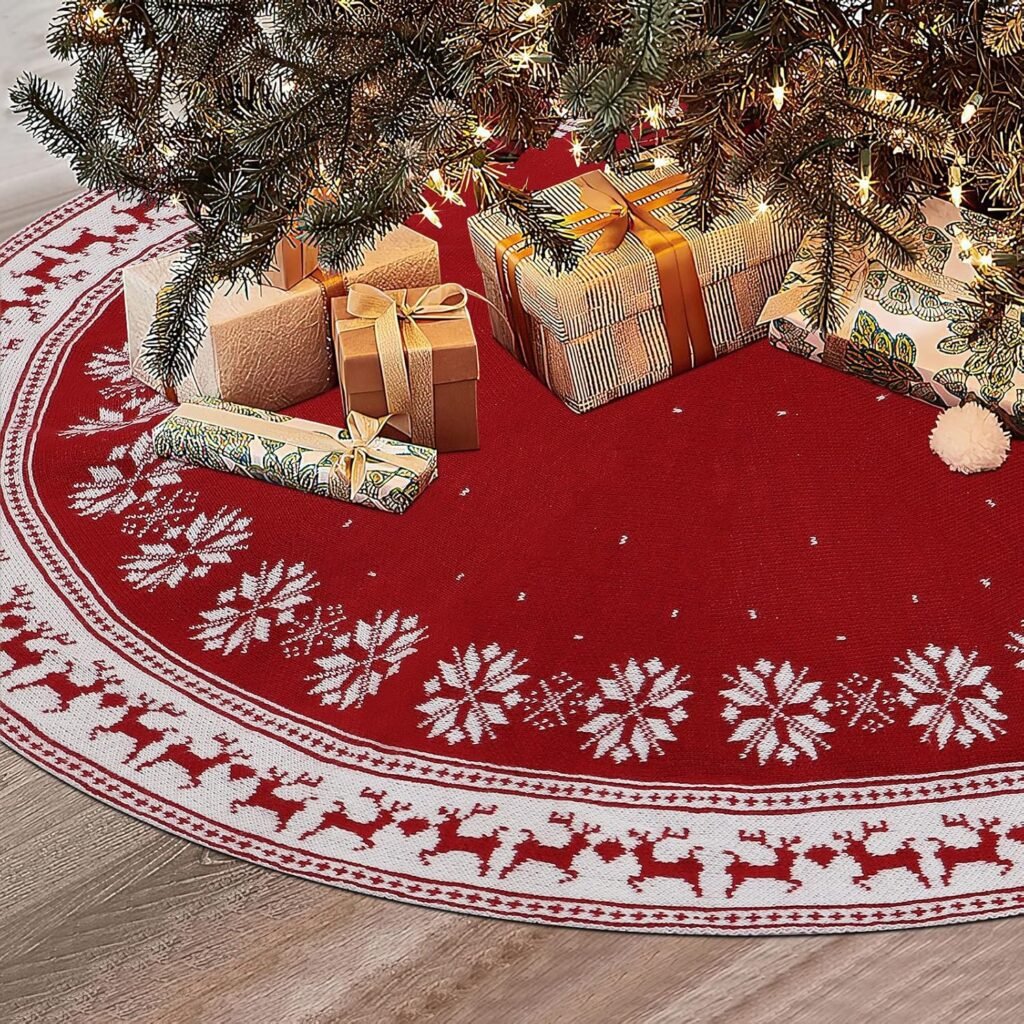 rood gebreid kerstboomkleed 90 cm met sneeuwvlokken en rendieren, rond kerstboomdeken voor kerstboomstand en feestdecoratie