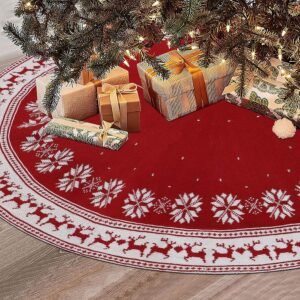 rood gebreid kerstboomkleed 90 cm met sneeuwvlokken en rendieren, rond kerstboomdeken voor kerstboomstand en feestdecoratie