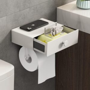 Toiletpapierhouder met plank en opbergruimte – wc rol houder badkamer organizer – met doekjesdispenser multifunctioneel – wit