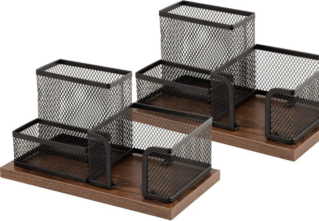 Pennenhouder set hout metaalgaas bureau organizer 3 vakken zwart 2 stuks kantoor opberger notitiehouder