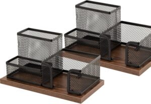 Pennenhouder Set Hout en Metaalgaas – Bureau Organizer 3 Vakken – Kantoor Opbergmandjes met Notitiehouder – 2 Stuks Zwart