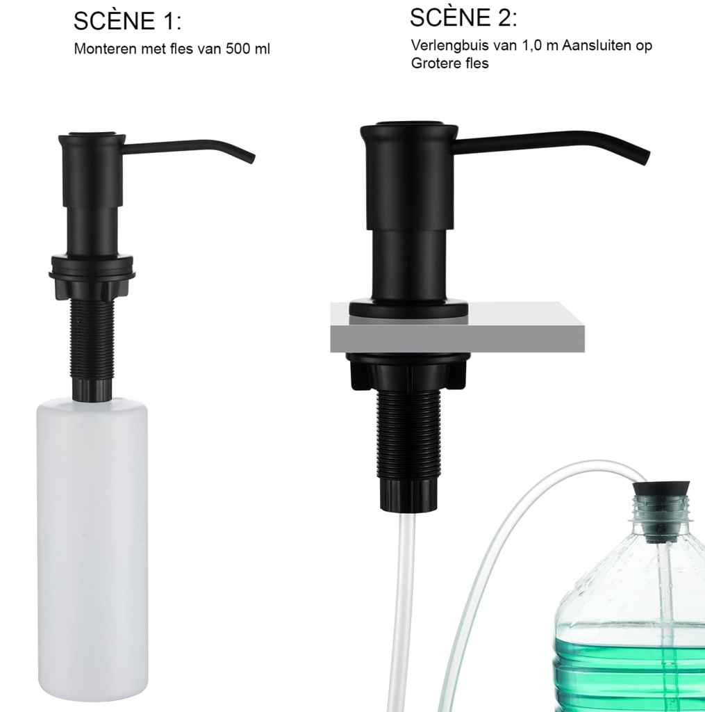 Inbouw zeepdispenser keuken mat zwart 500ml vaatwasmiddel pomp met 1m verlengslang bovenaf bijvullen en wastafel gebruik