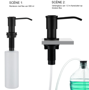Inbouw zeepdispenser keuken – Vaatwasmiddel dispenser & wastafel zeep pomp – 500ml reservoir, bovenaf bijvullen – 1m verlengslang, mat zwart