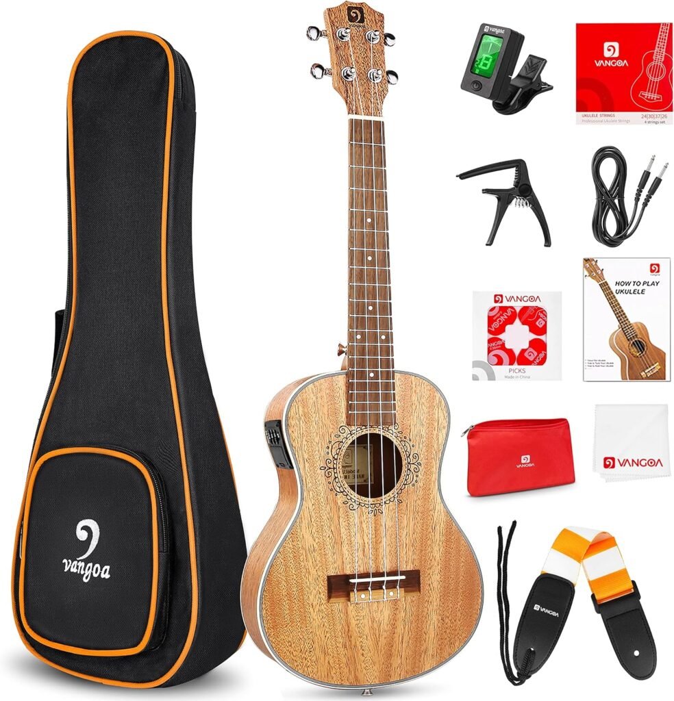 Elektrische tenor ukulele 26 inch massief mahonie hout met 2-bands EQ inclusief draagtas en beginnerskit