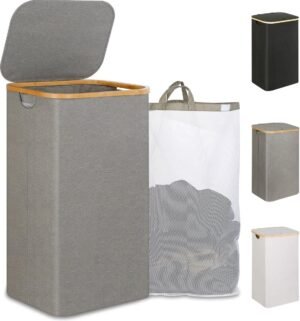 XL wasmand 110 liter met deksel en handvat, grijze wasmand met binnenzak voor kleding, speelgoed en handdoeken