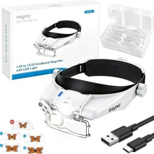 Vergrootglas Bril met LED verlichting – Vergrootbril voor lezen en reparaties – Oplaadbare loep bril met 5 lenzen – Handsfree vergroot hoofdloep wit