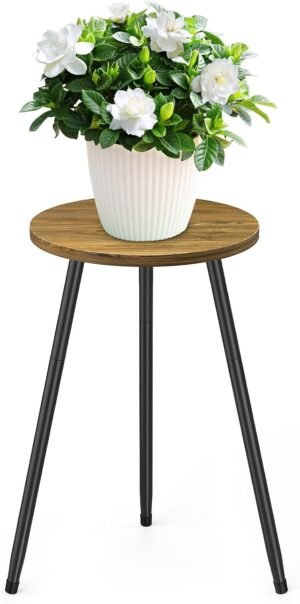 Plantenrek binnen moderne houten en metalen plantenhouder kleine ronde bijzettafel voor bloempotten balkon en woonkamer decoratie
