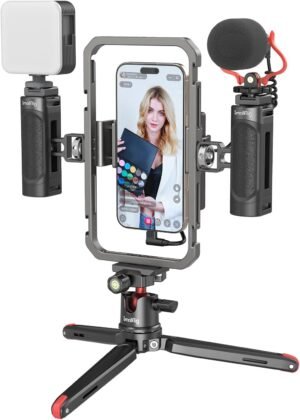 Smartphone video rig kit stabilisator met tripod microfoon LED licht en handgreep voor vloggen en livestreaming