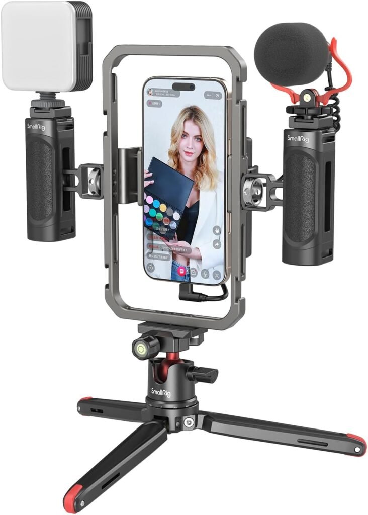 Smartphone video rig kit stabilisator met tripod microfoon LED licht en handgreep voor vloggen en livestreaming