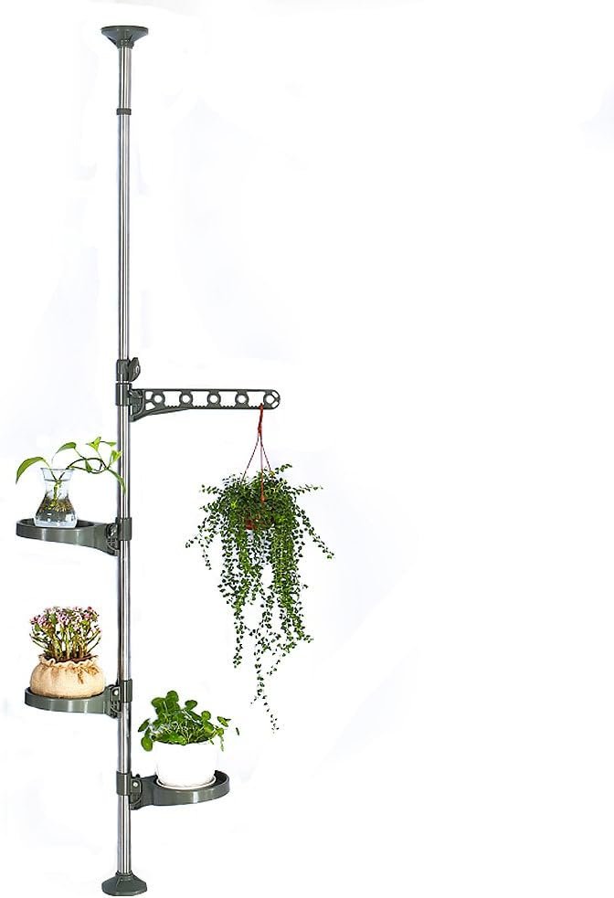 Telescopisch bloemenrek met 3 legplanken en 1 haak verstelbaar metalen plantenstandaard grijs voor woonkamer en balkon