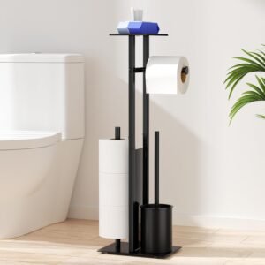 Staande toiletpapierhouder met toiletborstel – Toiletrolhouder badkamer organizer – Met doekjeshouder glazen plank – RVS mat zwart design
