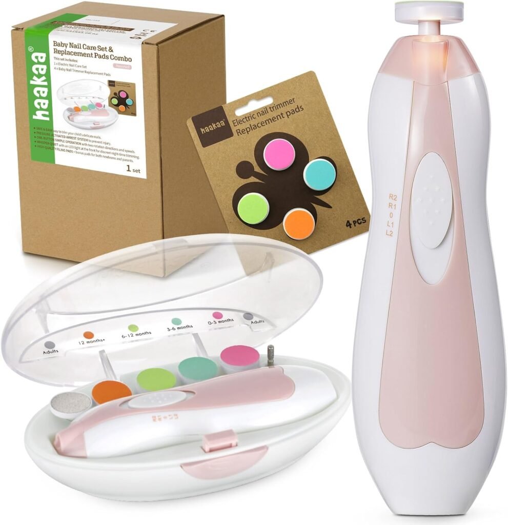 Elektrische baby nagelknipper set met LED licht roze met 6 schuurkoppen en vervangende vijlkoppen voor baby peuter en volwassenen nagelverzorging