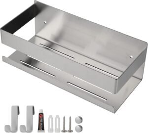 Douche plank zonder boren – RVS wandrek met zelfklevende montage – Badkamer organizer met verplaatsbare haakjes – 23 cm badkamer opbergrek