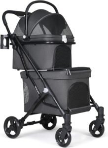 Opvouwbare dierenbox 2-laags – Hondentransportkooi voor kleine honden en katten – Dierentrolley voor reizen en uitstapjes – Zwart reis transportbox