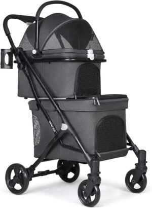 Opvouwbare 2-laags dierenbox transportkooi voor kleine honden en katten zwarte reisdraagkooi voor huisdieren trolley model