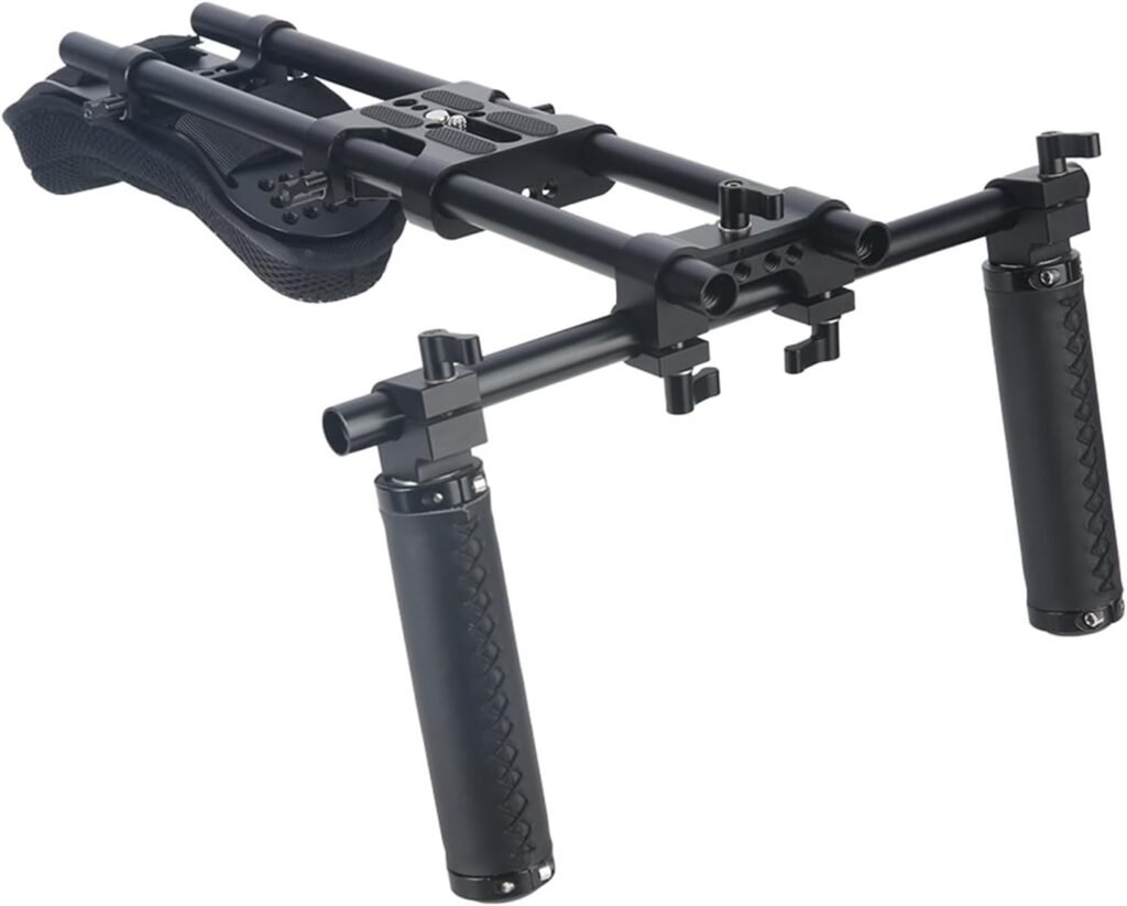 Schouder rig systeem voor camera met 15mm schouderpad, aluminium stangen en handgreep set voor DSLR en cinema camcorder ondersteuning op basisplaat