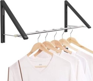 Inklapbare Kledingrek – Wandgemonteerd Opvouwbaar Kledingrek voor Opberging – Aluminium – 2 Mandjes met Handvat – Zwart