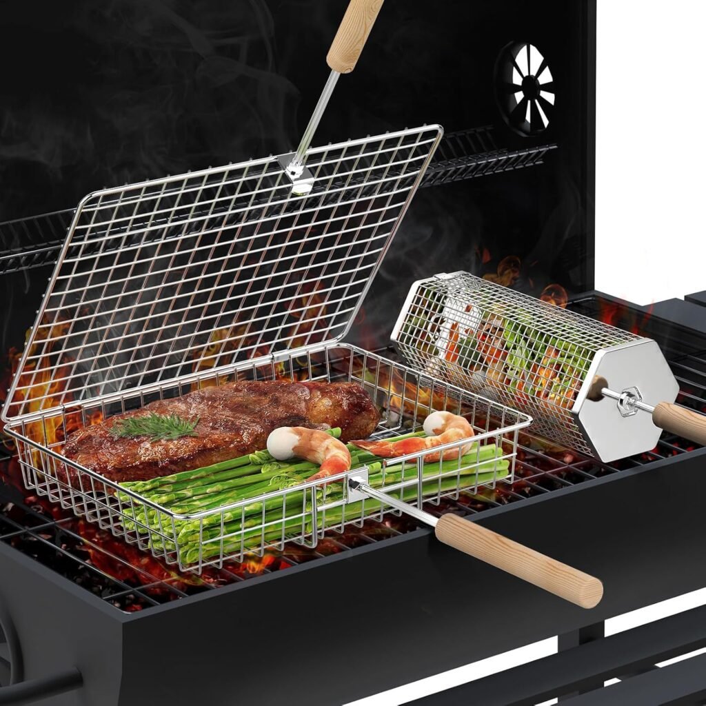 Grillmand set RVS 304 met afneembaar houten handvat, rollende BBQ mand voor groenten, garnalen en barbecue koken buiten.
