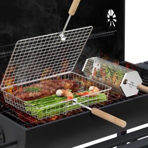 Grillmand Set RVS 304 – Rollende BBQ Mand met Afneembaar Houten Handvat – Groentenmand voor Barbecue en Garnalen – Rechthoekige & Achthoekige Grillmanden Set