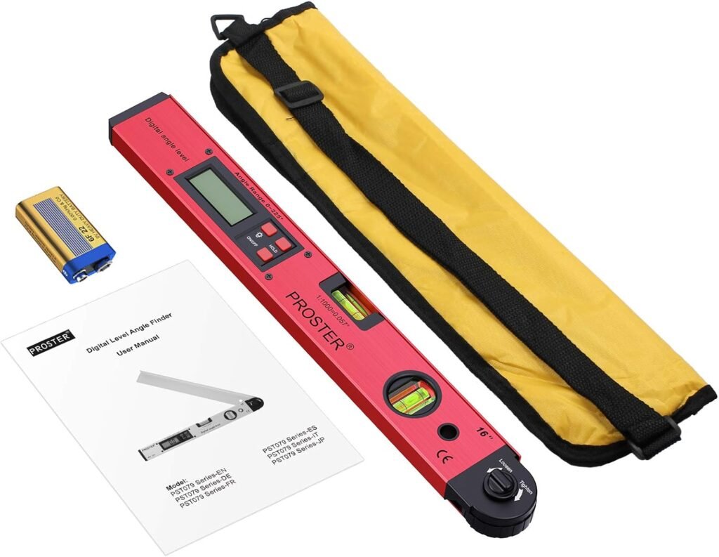Digitale hoekmeter 0-225 graden met LCD display en waterpas voor nauwkeurig meten van hoeken met opbergtas en verlichting rood