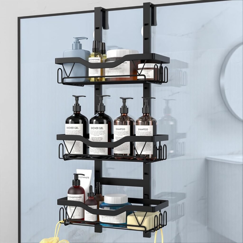 Hangend 3-laags douche rek zwart roestvrij staal zonder boren voor glasdeur badkamer opbergrek shampoo en douchegel opslag
