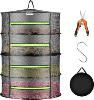 4-laags mesh droogrek hangend met groene ritsen voor binnen en buiten inclusief snoeischaar gebruiksgemak