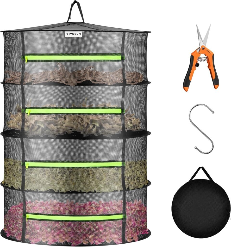 4-laags mesh droogrek hangend met groene ritsen voor binnen en buiten inclusief snoeischaar gebruiksgemak