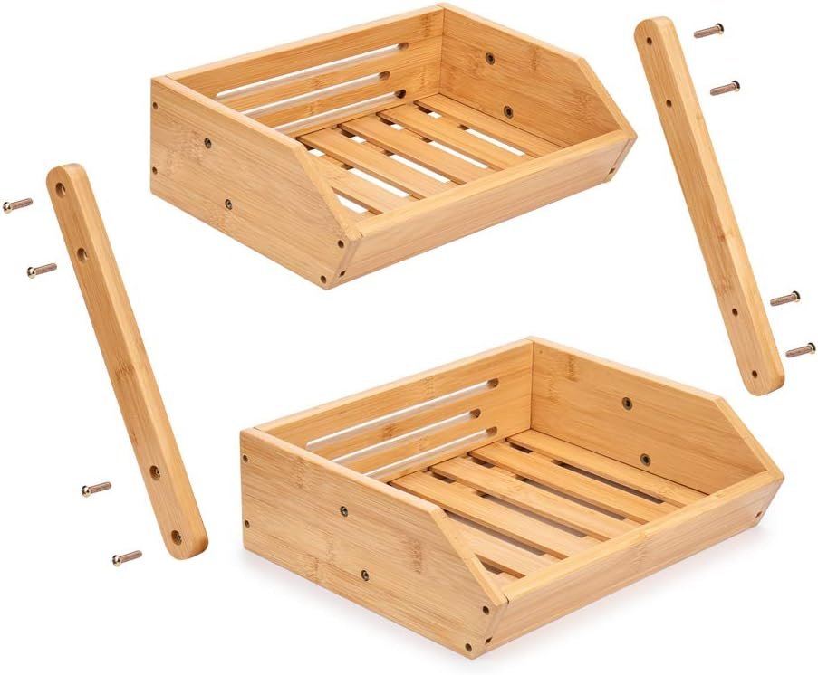 Bamboe 2-laags fruitmand en keuken organizer voor groente, snacks en brood met afneembare opbergrekken.
