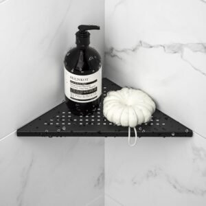 Hoek Doucheplank RVS 304 – Badkamer opbergrek wandmontage – Roestvrijstalen douche organizer – Zwart rasterdesign tegelwand montage