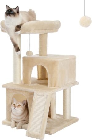 Kattenboom krabpaal kattenmeubel sisal touw pluche ligstoel speelhuis grotten beige uitzonderlijk compact kattenkrabpaal meubel