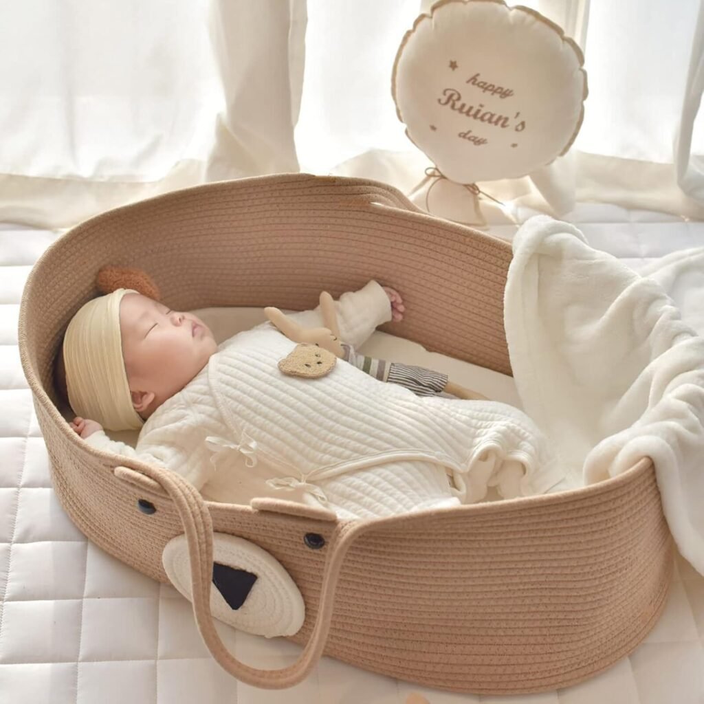 Draagbare baby wieg van katoen – handgemaakte reiswieg en babynestje met handgrepen voor thuis en onderweg