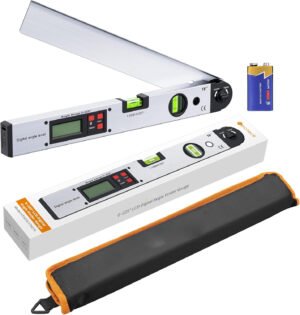 Digitale hoekmeter van aluminium met LCD display, digitale waterpas en 225° hoekmeetsysteem voor nauwkeurige horizontale en verticale metingen in zilver.