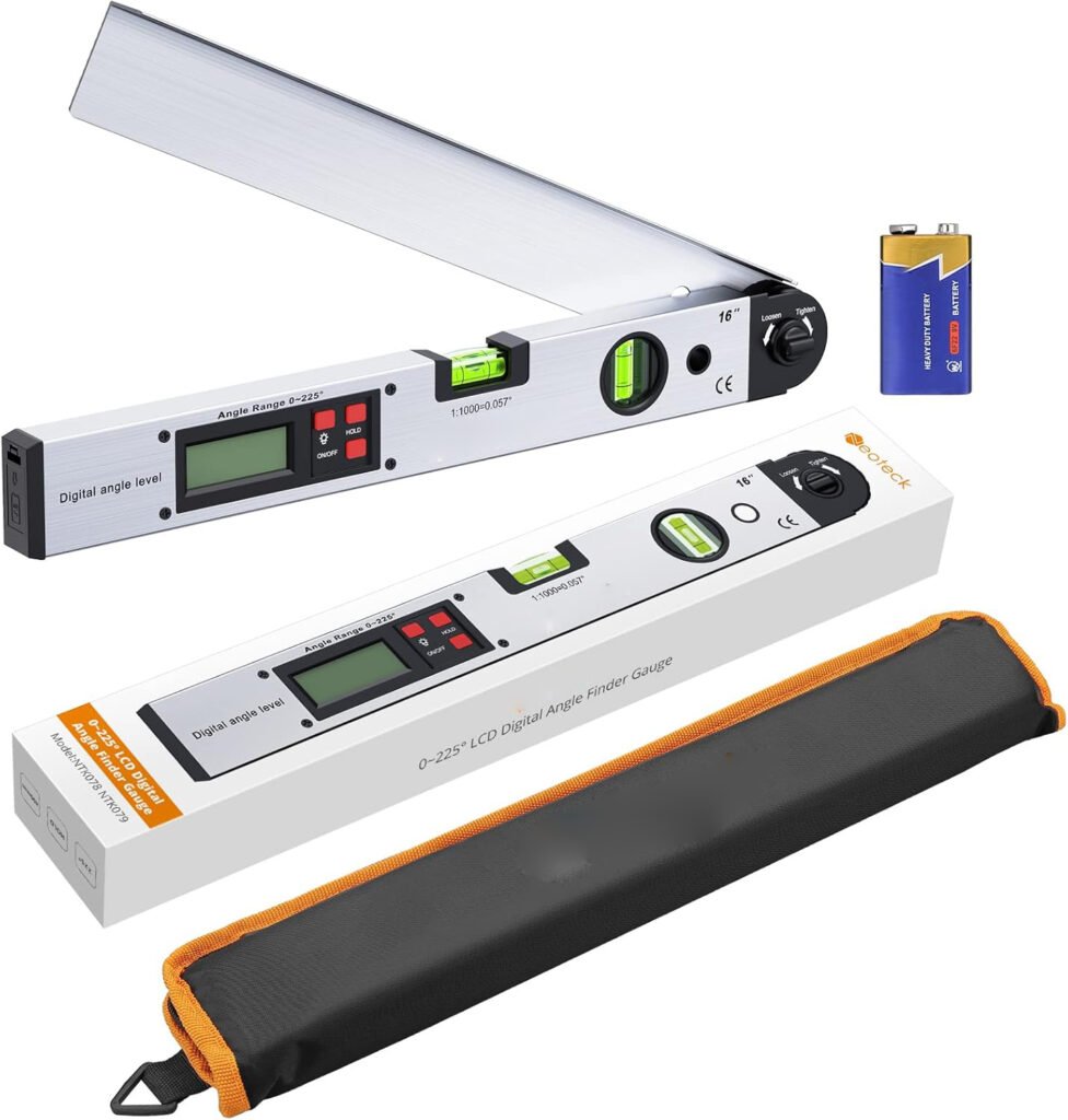 Digitale hoekmeter van aluminium met LCD display, digitale waterpas en 225° hoekmeetsysteem voor nauwkeurige horizontale en verticale metingen in zilver.