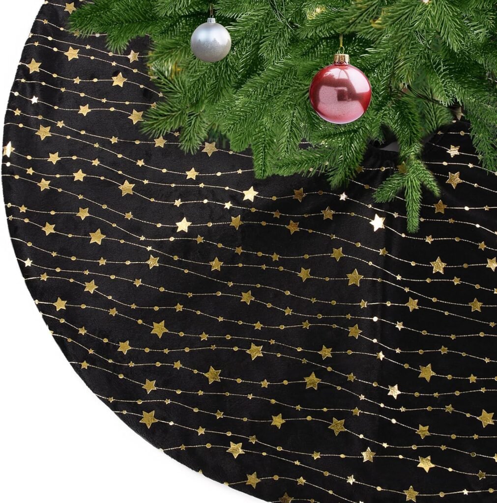 Ronde zwarte pluche kerstboomdeken met sterrenpatroon en nepbont, 90 cm kerstboomrok voor standaard en kerstdecoratie